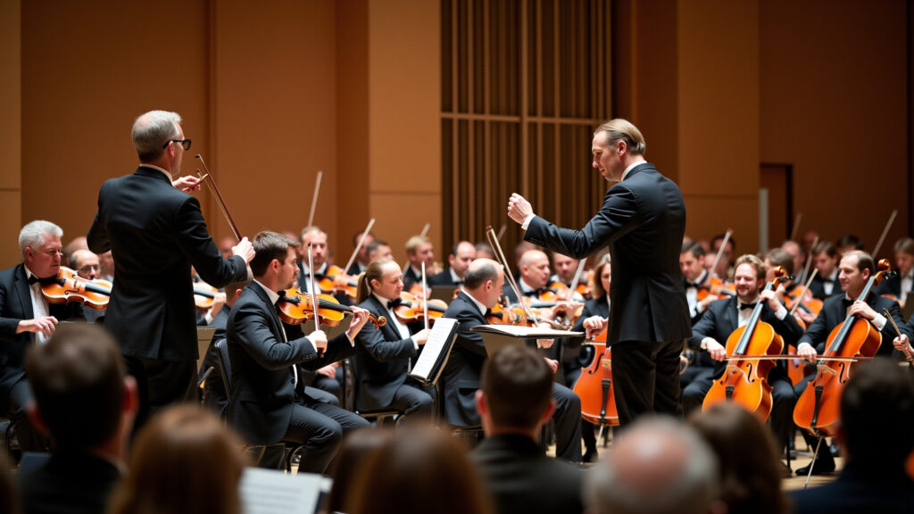 Philharmonia St. Petersburg, orchestra performing, elegant audience, classical music, professional Filarmônica de São Petersburgo: Música clássica russa.