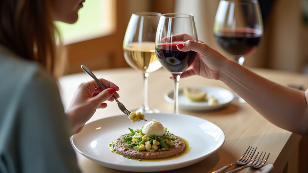 Piedmont vineyard, white truffle dish, gourmet woman tasting wine, elegant setting, professional Mulher degustando vinho e trufas brancas no Piemonte.
