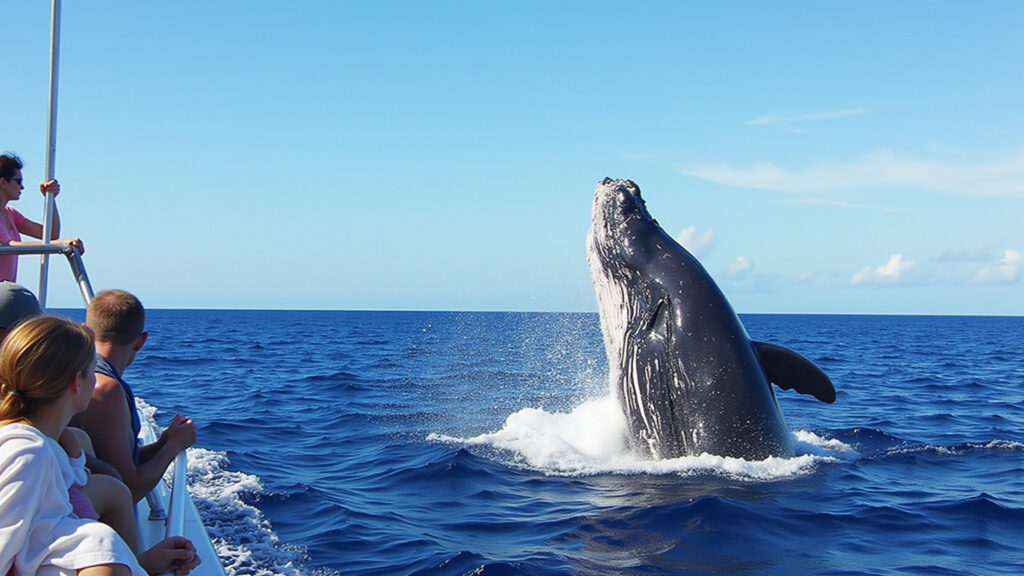 Porto Seguro coastline, whale watching tour, humpback whale breaching, excited tourists, Turistas observando baleias jubarte em Porto Seguro, Bahia.