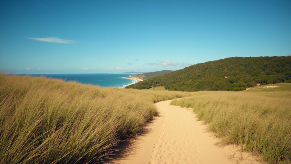 Praia do Campeche trail, dunes and Atlantic Forest, sunny day, 8k, professional photography, Dunas e Mata Atlântica preservada na Praia do Campeche.