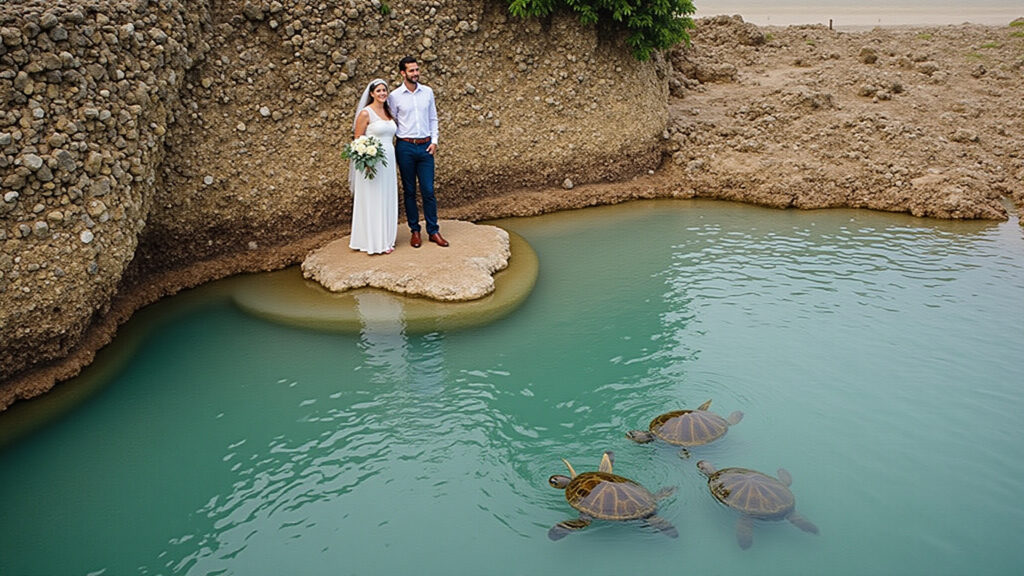 Praia do Forte vow renewal. Natural pools, romantic, professional photography, 8K quality, sharp Renovação de votos na praia em Praia do Forte: Tranquilidade e beleza.