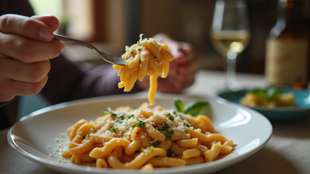 Puglia countryside, orecchiette pasta, gourmet woman eating, rustic setting, natural lighting, Mulher saboreando orecchiette na Puglia.