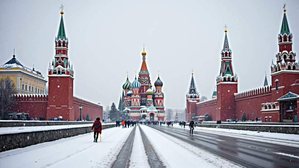 Red Square, Moscow, winter scene, snow-covered, safe travel, professional photography, 8K quality, Praça Vermelha: Segurança na Rússia Imperial.