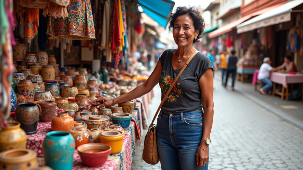 Rua Coberta Bento Gonçalves, woman shopping for local crafts, vibrant colors, market scene, 8K Mulher comprando artesanato local na Rua Coberta em Bento Gonçalves.