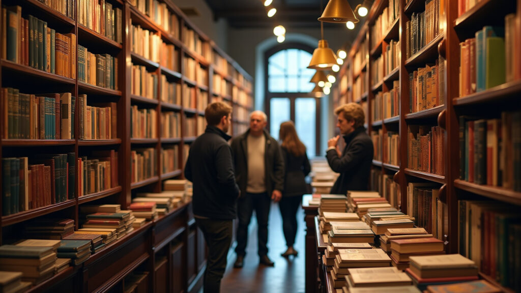 Russian bookstore, diverse people browsing books, classic literature, warm lighting, professional Livraria russa: Encontro com a literatura clássica.