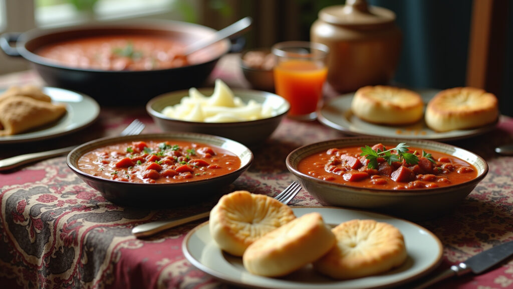 Russian table setting, borscht, stroganoff, blinis, traditional dishes, lifestyle photography, 8K Gastronomia russa: Sabores da Rússia Imperial.