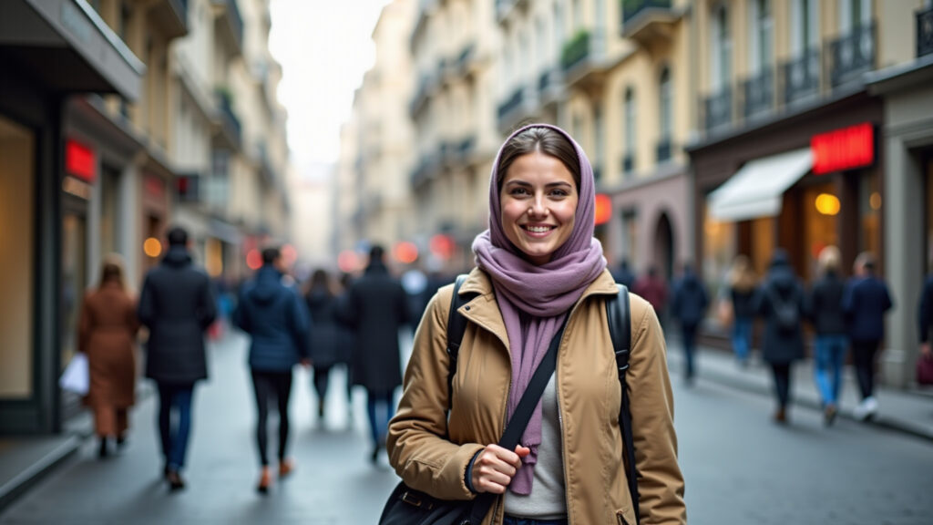 Safe female travel in Istanbul, woman exploring streets, modest clothing, friendly locals, 8k, Mulher viajando sozinha em Istambul, explorando as ruas com segurança.