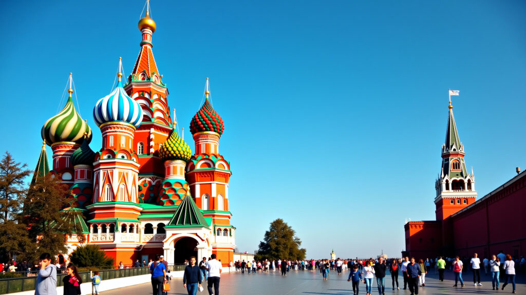 Saint Basil's Cathedral, Moscow, vibrant colors, blue sky, tourists admiring architecture, Catedral de São Basílio: Cores e arquitetura únicas.