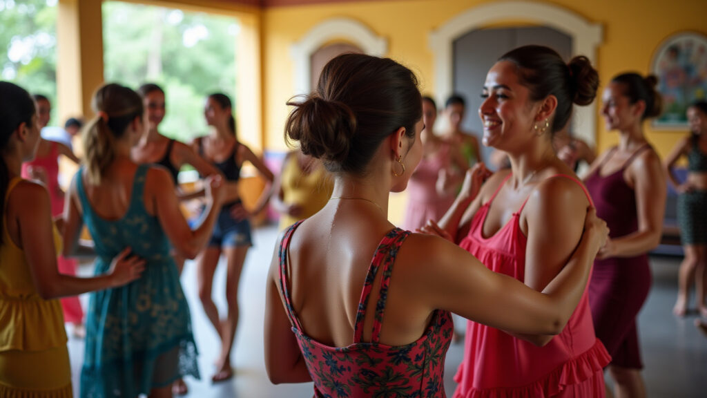 Salsa dance class Cartagena, women learning salsa, vibrant music, professional photography, 8K Mulheres aprendendo a dançar salsa em Cartagena.