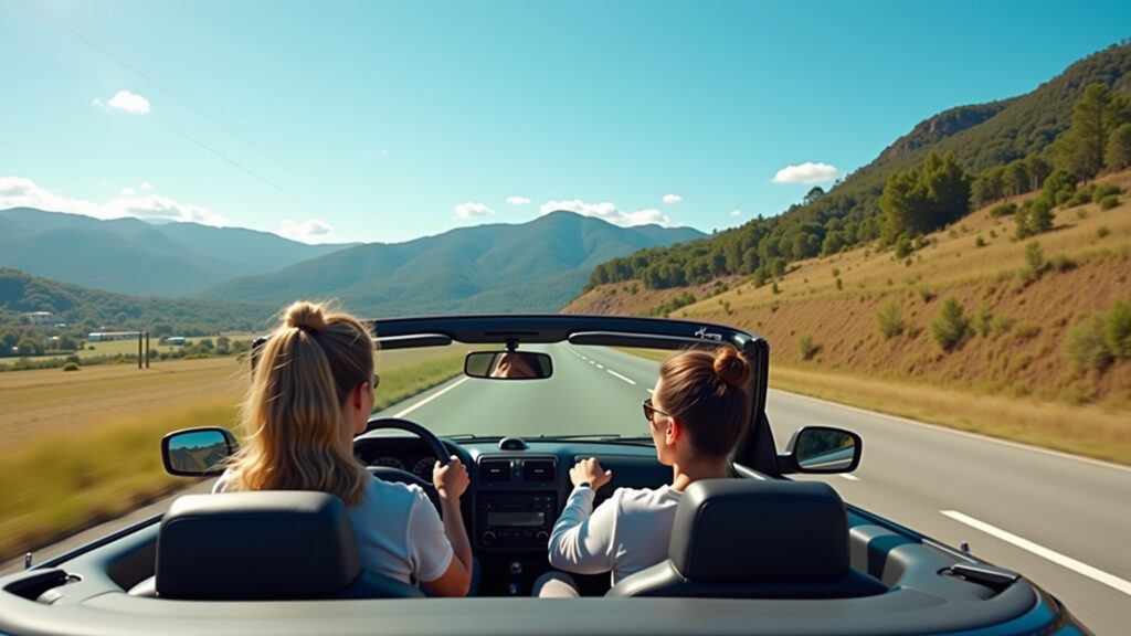 Scenic road to Bento Gonçalves, woman driving convertible, Serra Gaúcha landscape, sunny day, 8K Estrada cênica para Bento Gonçalves com mulher dirigindo.
