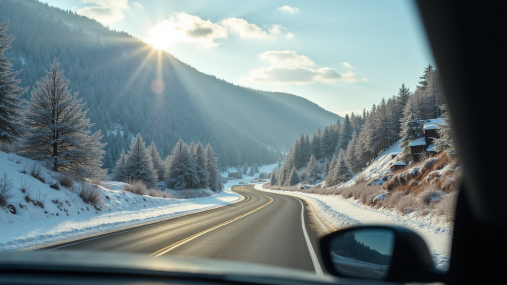 Scenic view of Campos do Jordão road, winter, professional photography, 8K quality, car driving, Estrada cênica para Campos do Jordão no inverno.