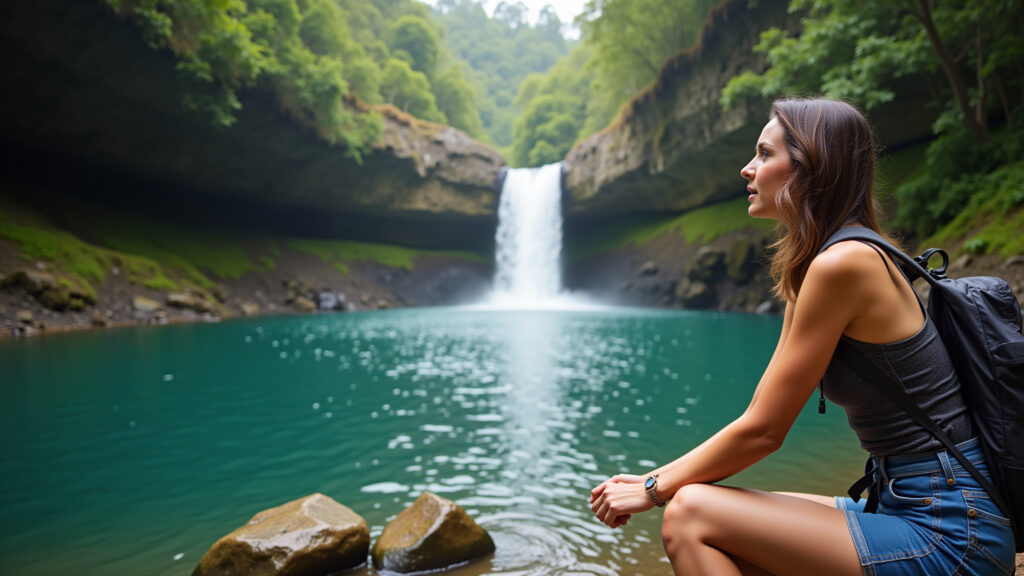 Serra do Cipó trekking, Minas Gerais. Woman near waterfall, natural pool. Natural lighting, Mulher perto de cachoeira na Serra do Cipó, Minas Gerais.