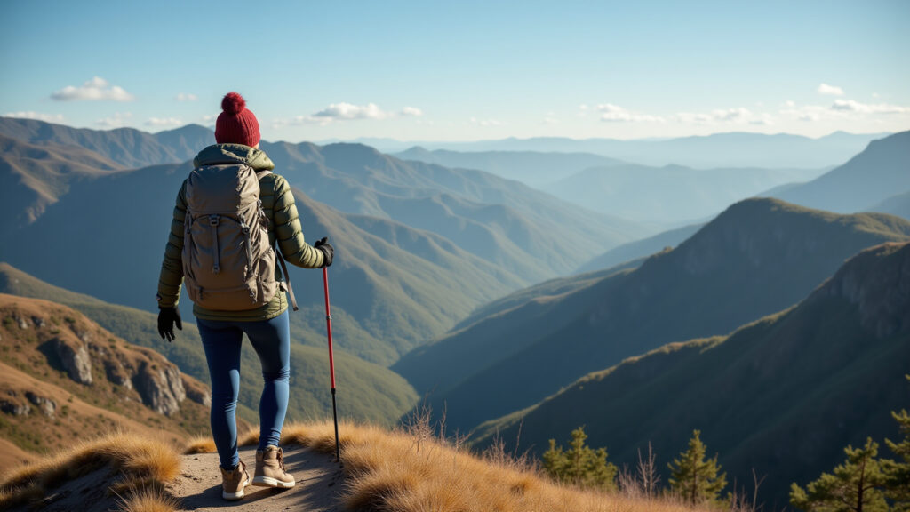 Serra Fina traverse, Minas Gerais. Female trekker reaching summit, panoramic view. Backpack, cold Trekker feminina na Travessia da Serra Fina, Minas Gerais.
