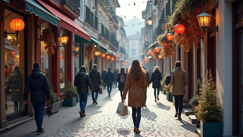 Shopping street in Campos do Jordão, winter fashion, professional photography, 8K quality, vibrant Rua de compras em Campos do Jordão no inverno.
