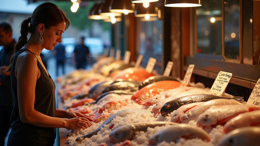 Sicilian seafood market, fresh fish display, gourmet woman browsing, vibrant colors, natural Mercado de peixes na Sicília com peixes frescos.
