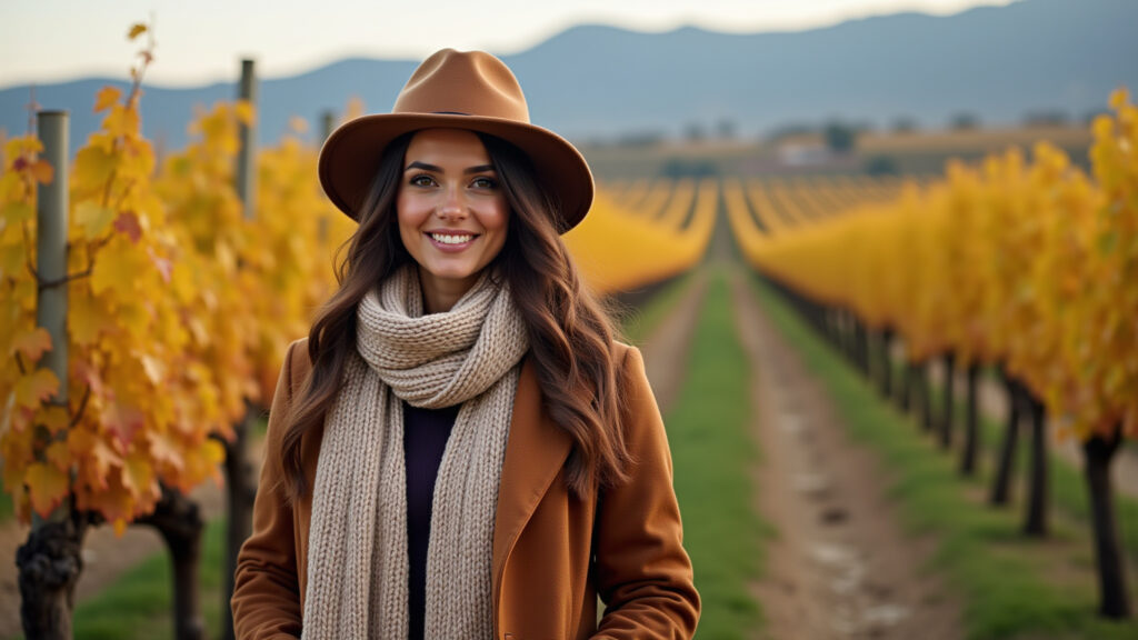 Stylish woman in Bento Gonçalves vineyard, fashionable winter outfit, hat, scarf, vineyard Mulher estilosa em vinhedo em Bento Gonçalves com roupa de inverno.