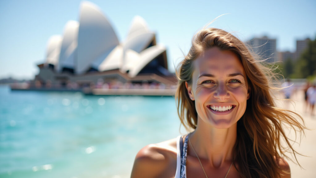Sydney Opera House, woman on Bondi Beach, smiling, 'professional photography', 8K quality, sharp Intercâmbio em Sydney: mulher aproveitando a Bondi Beach.