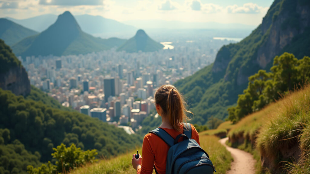 Tijuca National Park trekking, Rio de Janeiro. Woman hiking, urban view. Natural lighting, Mulher trilhando no Parque Nacional da Tijuca, Rio de Janeiro.