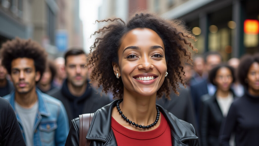 Toronto street, diverse crowd, woman smiling, 'professional photography', 8K quality, sharp focus, Intercâmbio em Toronto: mulher em meio à diversidade cultural.