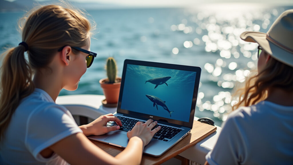 Tourist researching whale watching regulations on laptop, professional photography, natural Turista pesquisando regulamentação para observação de baleias no Brasil.