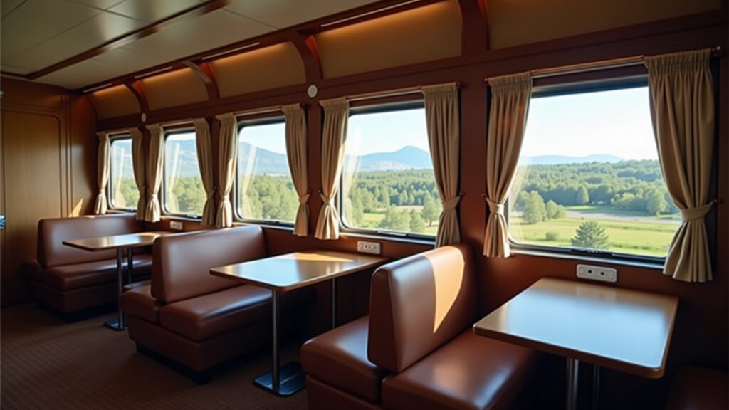 Trans-Siberian train interior, comfortable travel, scenic view, professional photography, 8K Trem Transiberiano: Viagem entre cidades russas.