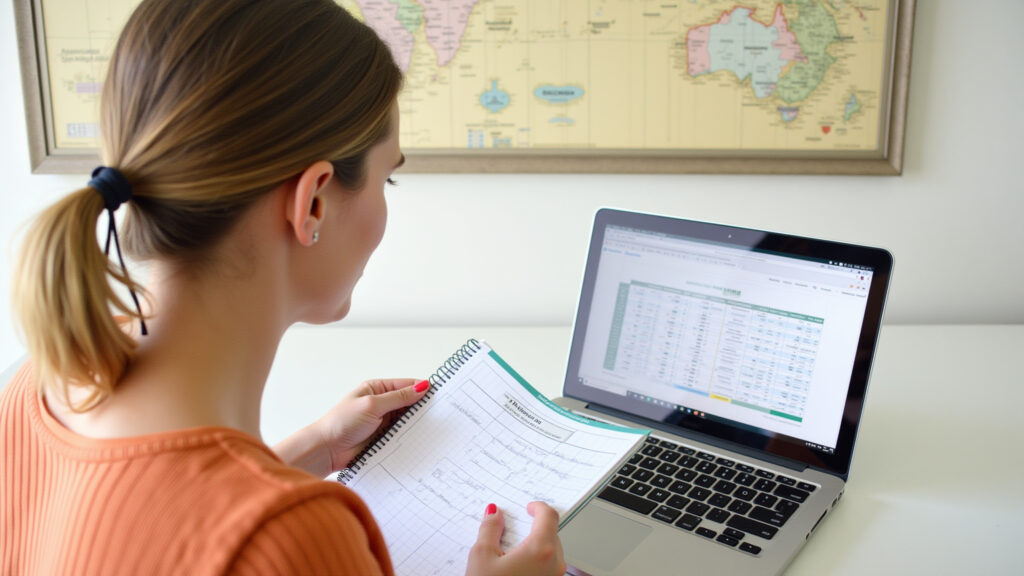 Travel budget planning, woman using spreadsheet, world map background, Brazilian decor, financial Mulher calculando orçamento para viagem de volta ao mundo com planilha.