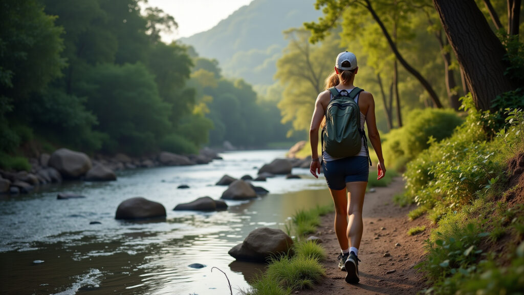 Trilha do Ouro trekking, Rio de Janeiro. Woman hiking through forest, river. Natural lighting, Mulher trilhando na Trilha do Ouro, Rio de Janeiro.
