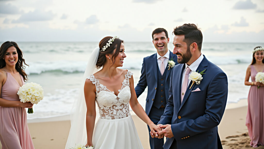 Ubatuba community beach wedding. Praia da Enseada, group celebration, casual, professional Casamento comunitário na praia em Ubatuba: Litoral paulista.