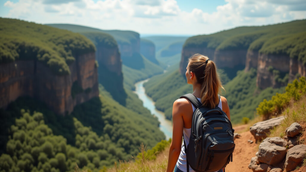 Vale do Pati trekking, Bahia. Strong woman hiker admiring canyon view. Backpack, natural lighting, Mulher forte fazendo trekking no Vale do Pati, Chapada Diamantina.
