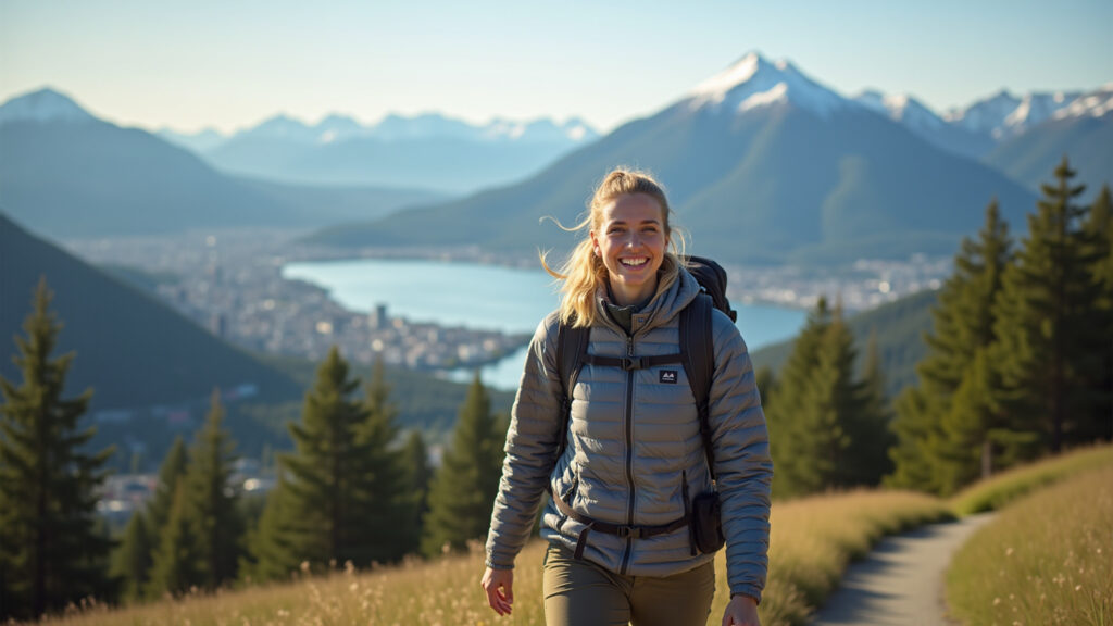 Vancouver skyline, woman hiking in mountains, smiling, 'professional photography', 8K quality, Intercâmbio em Vancouver: mulher trilhando nas montanhas.