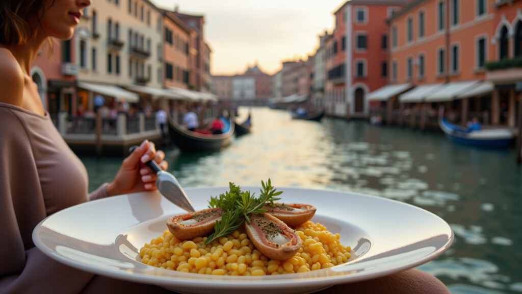Venice canal, seafood risotto, gourmet woman dining, gondola passing, romantic setting, 8K quality. Mulher jantando com risoto de frutos do mar em Veneza.