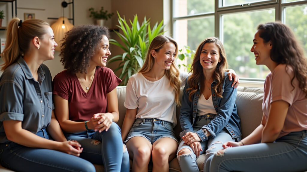 Vibrant hostel common area, diverse group of young women laughing, sharing travel stories, natural Mulheres viajantes em hostel no Brasil.