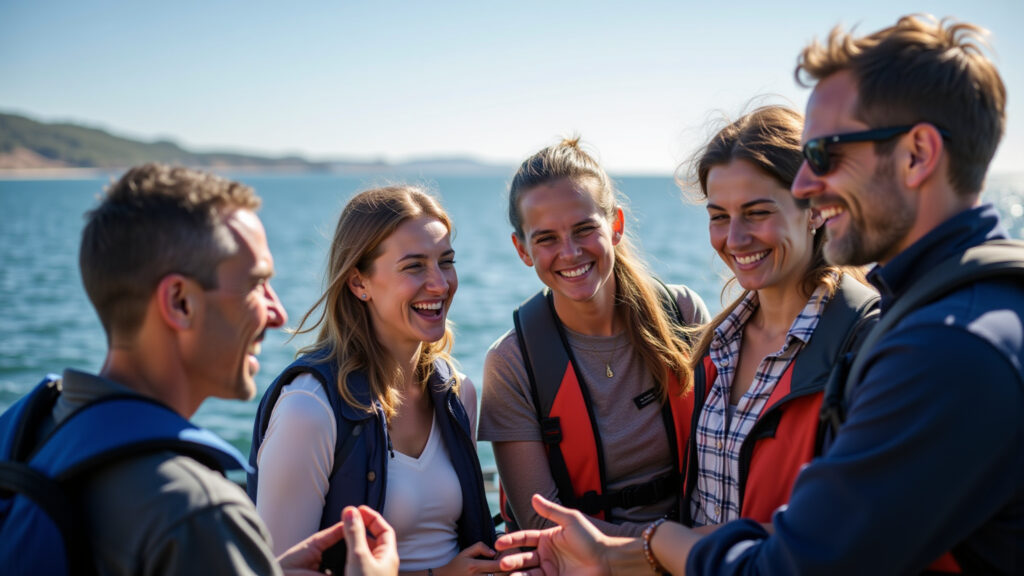 Whale watching ethical tour operator briefing tourists, professional photography, natural lighting, Turistas recebendo instruções sobre observação responsável de baleias.