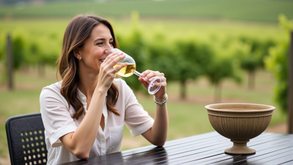 Wine tasting at family-owned Bento Gonçalves winery, woman enjoying wine, vineyard backdrop, Degustação de vinhos em vinícola familiar em Bento Gonçalves.