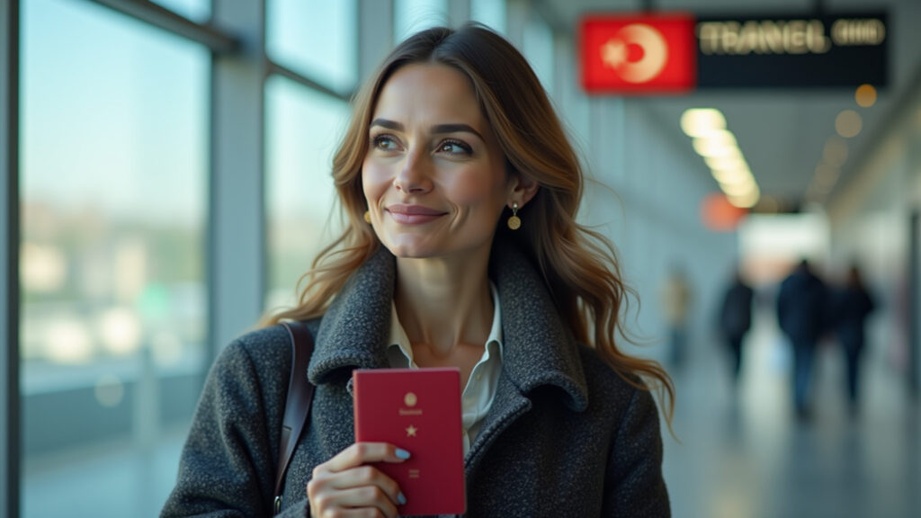Woman arriving at Istanbul airport, passport, Turkish flag, professional photography, 8K quality, Brasileira chegando ao aeroporto de Istambul, passaporte e bandeira turca.