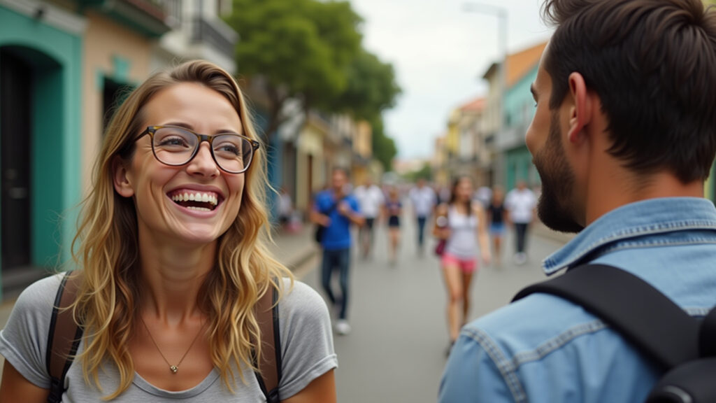 Woman asking for directions in Brazil, smiling, interacting with a local, vibrant street scene, Turista pedindo informações no Brasil.