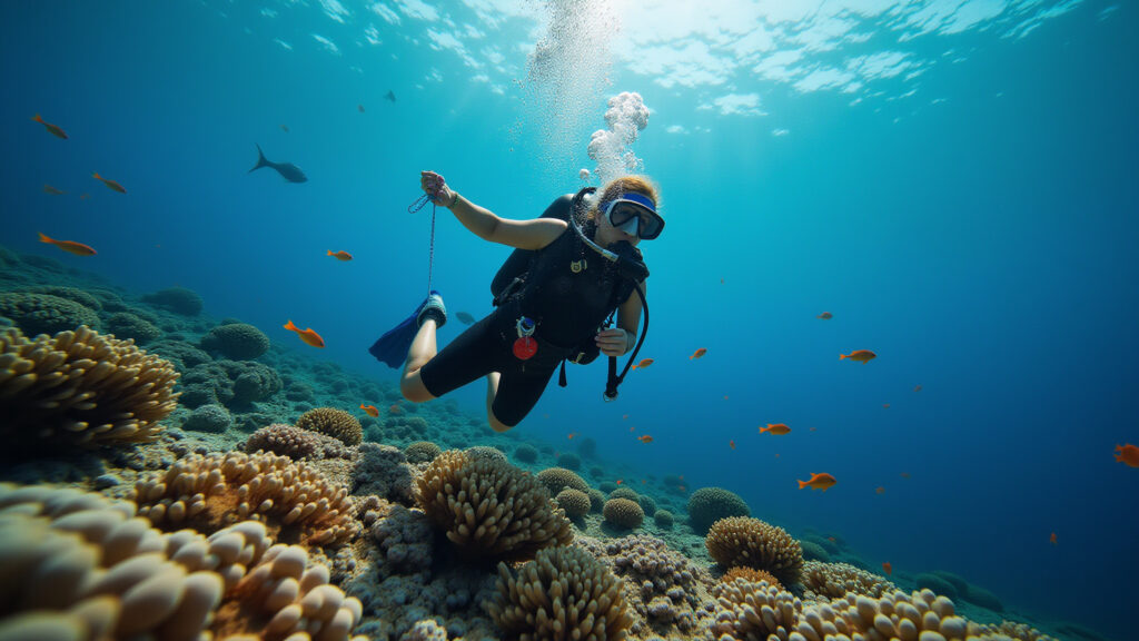 Woman diving in Thailand, coral reefs, professional photography, 8K quality, vibrant colors, marine Mulher mergulhando em recifes de corais na Tailândia.