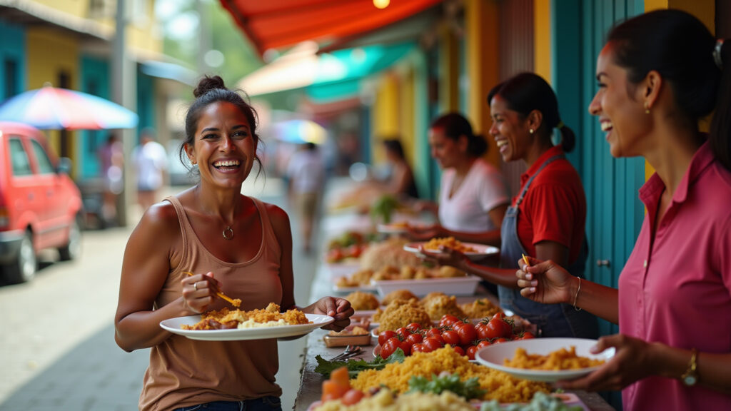 Woman eating local food, street market, vibrant colors, Brazilian style, enjoying, 8k, lifestyle Mulher saboreando comida local em mercado de rua.