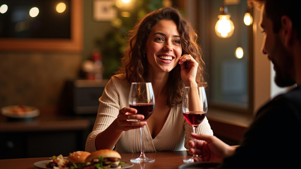 Woman enjoying live music Bento Gonçalves bar, wine glass, cozy atmosphere, night scene, Mulher curtindo música ao vivo em bar em Bento Gonçalves.