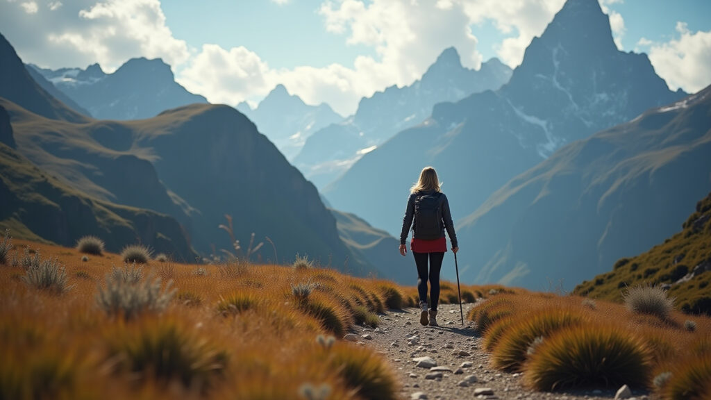 Woman hiking in Patagonia, mountains, professional photography, 8K quality, stunning landscape, Mulher fazendo trilha nas montanhas da Patagônia.