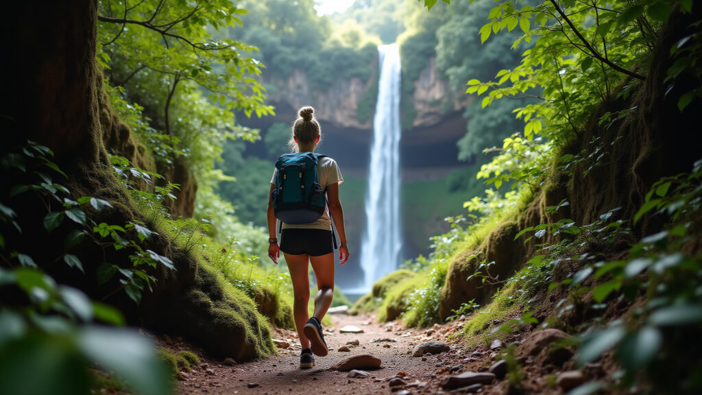 Woman hiking Parque da Cascata, Bento Gonçalves, lush greenery, waterfall, natural lighting, 8K, Mulher caminhando no Parque da Cascata em Bento Gonçalves.