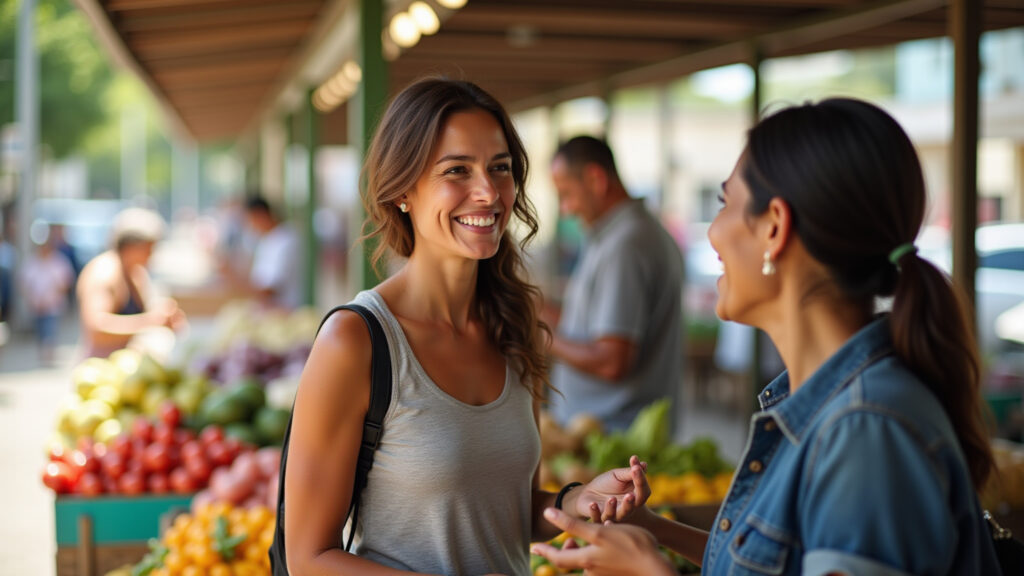 Woman in a Brazilian market, smiling, using basic Portuguese phrases, interacting with a vendor, Viajante aprendendo frases em português no Brasil.