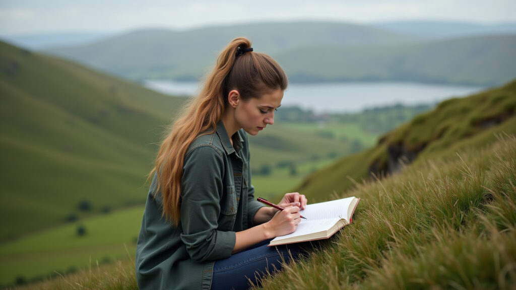 Woman in Ireland, writing retreat, green hills, professional photography, 8K quality, inspiring Mulher participando de retiro de escrita criativa na Irlanda.
