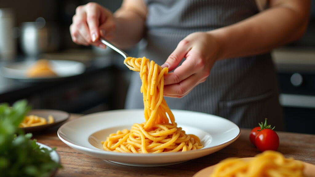 Woman in Italy, cooking class, fresh pasta, professional photography, 8K quality, vibrant colors, Mulher participando de aula de culinária na Itália.