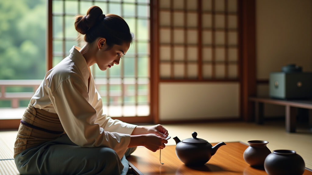 Woman in Japan, tea ceremony, traditional clothing, professional photography, 8K quality, serene, Mulher participando de cerimônia do chá no Japão.