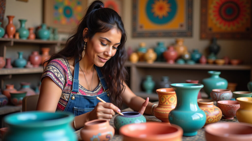 Woman in Mexico, art workshop, colorful pottery, professional photography, 8K quality, vibrant Mulher participando de oficina de arte no México.