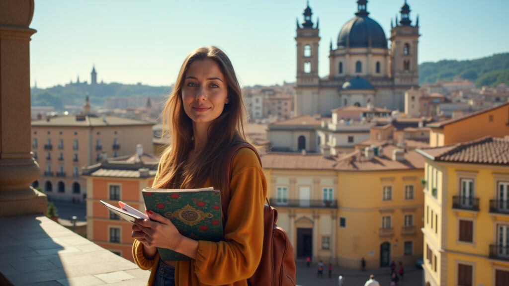 Woman in Spain, studying Spanish, historic city, professional photography, 8K quality, vibrant Mulher estudando espanhol em cidade histórica na Espanha.