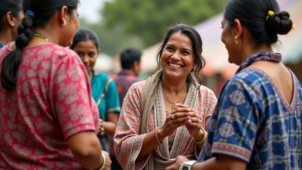 Woman interacting with locals, cultural event, traditional clothes, smiling, authentic, 8k, Mulher interagindo com moradores locais em evento cultural.