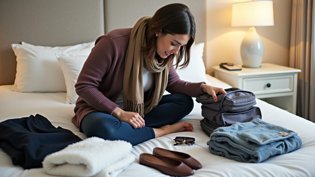 Woman packing for Turkey trip, modest clothing, scarf, comfortable shoes, travel accessories, 8k, Mulher preparando mala para viagem à Turquia, roupas discretas e confortáveis.