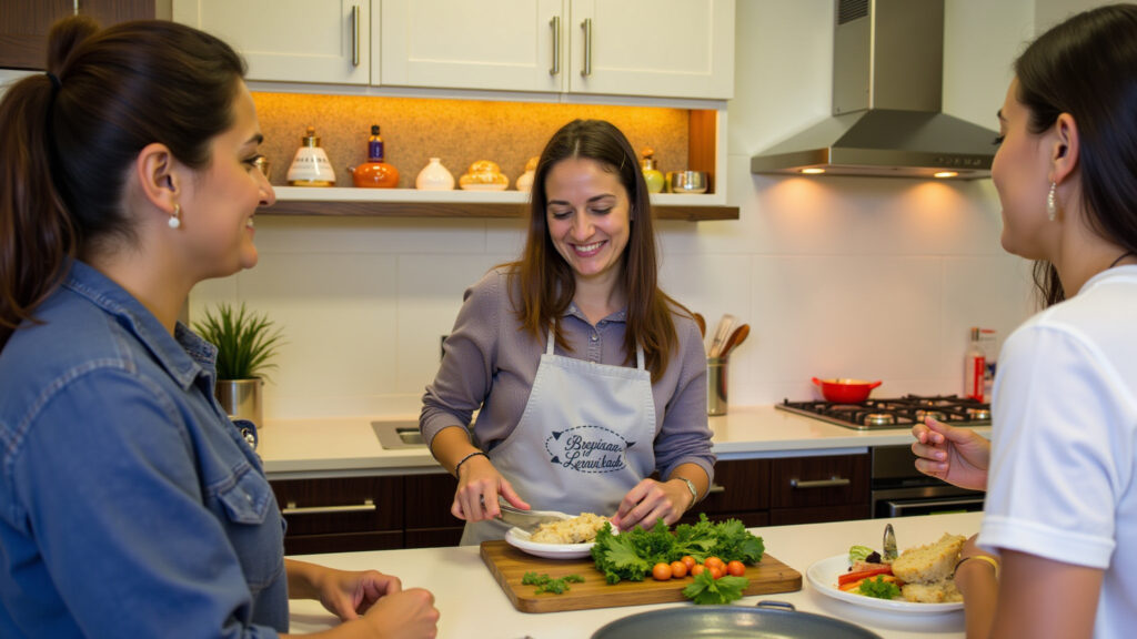 Woman participating in a Brazilian cooking class, smiling, interacting with others, vibrant Aula de culinária brasileira para viajantes.